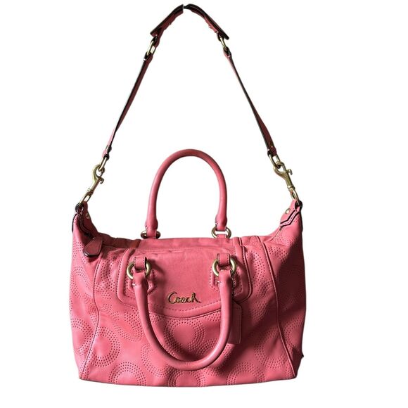 Coach Madison Perforated Leather Satchel Bag Coral Pink Gold Hardware Purse - Picture 4 of 12